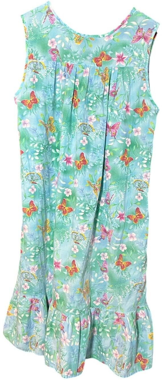 VTG Butterfly Floral Cotton Feel House Dress Blue Green XL Single Side Pocket